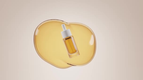 Sticlă de sticlă realistă cu picurător și lichid de aur pe fundal bule abstracte de ulei galben. Cosmetice uleioase de vitamina E, esență de animație 3D sau ser, produs de îngrijire a pielii de lux . — Videoclip de stoc