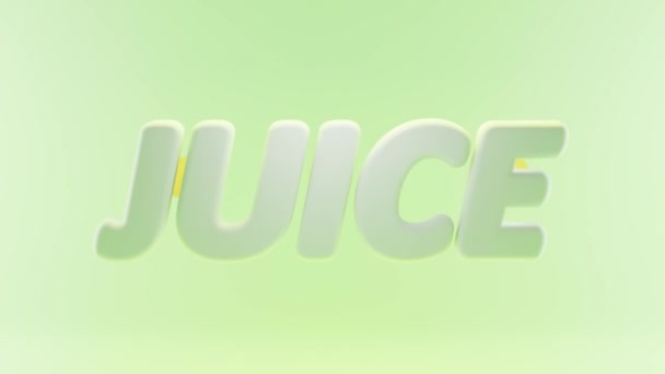 Spritzer Orangen-, Limetten- oder Zitronensaft auf grünem Minzgrund. 3D-Animation Flüssigkeitsfluss, Tropfen Tropfen tropischer Früchte, Wellen frisches Getränk. Word JUICE mit fallenden Tropfen gelbe Limonade, Buchstaben Text. — Stockvideo