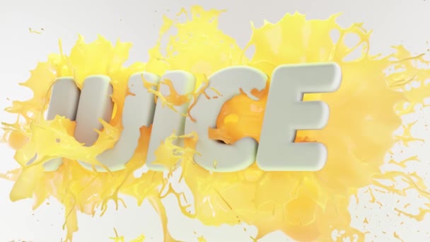 Een scheutje ananas, banaan of mangosap. Sappig fruitig geel drankje met woord JUICE hoofdletters op witte achtergrond. 3D animatie bevroren stroom van koude vloeistof en druppels limonade, ad tekst. — Stockvideo