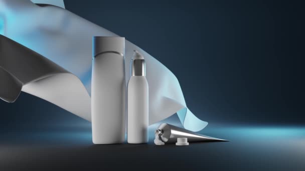 Cilt bakımı için gece serisi kozmetik ürünleri 3D maketi. Beyaz şampuan, mavi arka planda tulum paketi ve kumaş. Açık kapaklı sıvı akış jeli, krem ya da diş macunu içeren metal bir kap. — Stok video