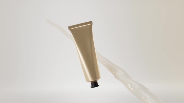 Gouden buisverpakking met handcrème, zalf of tandpasta. Promotie van cosmetische foundation premium product met vloeibare stroom melkachtige spatten op beige achtergrond, 3D animatie mock up, metalen container. — Stockvideo