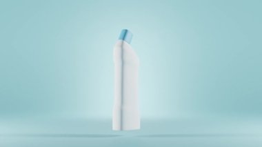 Deniz kokulu tuvalet temizleyici şişesi ya da banyo temizliği için deterjan ürünü, izole edilmiş mavi arka planda sıvı çamaşır suyu. Beyaz konteynır dezenfektan jeli, reklam modeli, 3D animasyon boş paket