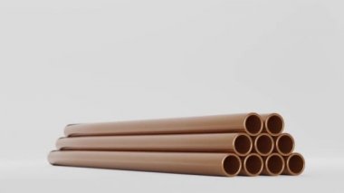 Bakır borular beyaz arka planda izole edilmiş, içi boş çelik metal ya da pvc sıhhi tesisat, parlak bronz tüp 3D animasyon. Sanayi parçaları, fabrika veya inşaat işleri için demir.