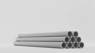 Metal borular, düz alüminyum veya pvc boru hatları. Fabrika veya inşaat işleri için endüstriyel parçalar. Beyaz arka planda parlak çelik borular var. Gerçekçi 3D animasyon