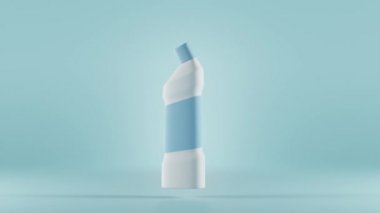 İzole edilmiş mavi arka planda tuvalet temizleyicisi. Marka etiketli beyaz plastik şişe, banyo temizliği veya çamaşır suyu için deterjan ürünü. Konteynır dezenfektan jel 3D animasyon, ad modelleme paketi