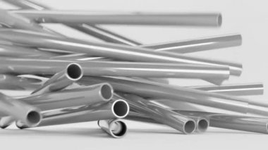 Paslanmaz çelik borular, beyaz arka planda yuvarlanmış metal ürünler. Düz galvanize ya da pvc tesisat silindirleri, inşaat ya da fabrika işleri için endüstriyel boru hatları parçaları, 3D animasyon