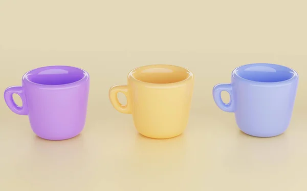 Colección vacía moderna para tazas de café o té sobre fondo amarillo aislado. Conjunto de tazas de cerámica de colores, platos de porcelana maqueta 3d de pie en fila. Linda vajilla de moda con asa para bebidas — Foto de Stock