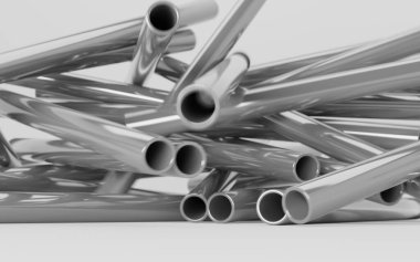 Paslanmaz çelik borular, beyaz arka planda yuvarlanmış metal ürünler. Düz galvanize ya da pvc tesisat silindirleri, inşaat ya da fabrika işleri için endüstriyel boru hatları parçaları, 3D illüstrasyon