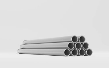 Metal borular, düz alüminyum, paslanmaz ya da pvc boru hatları 3D çizim. Fabrika veya inşaat işleri için galvanize parçalar, beyaz zemin üzerine kurulmuş çelik borular
