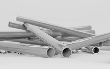 Paslanmaz çelik borular, beyaz arka planda yuvarlanmış metal ürünler. Düz galvanize ya da pvc tesisat silindirleri, inşaat ya da fabrika işleri için endüstriyel boru hatları parçaları, 3D illüstrasyon