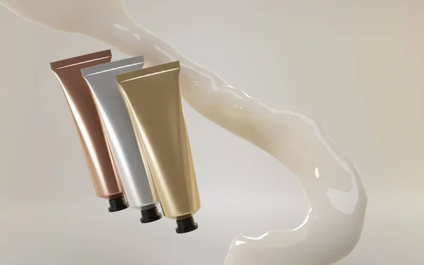 Luxe bb crème tube beauty cosmetica voor huid foundation product. Set blanco koper, zilver en goud gekleurde metalen verpakkingen met zwarte dop op beige achtergrond met vloeibare melkachtige stroom splash 3d mockup — Stockfoto