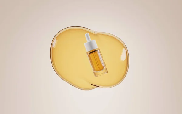 Glazen fles met druppelaar en goud vloeistof op de achtergrond abstracte gele oliepbel. vette cosmetica van vitamine E, 3D illustratie essentie of serum, luxe pakket schoonheid huidverzorgingsproduct, mockup banner — Stockfoto