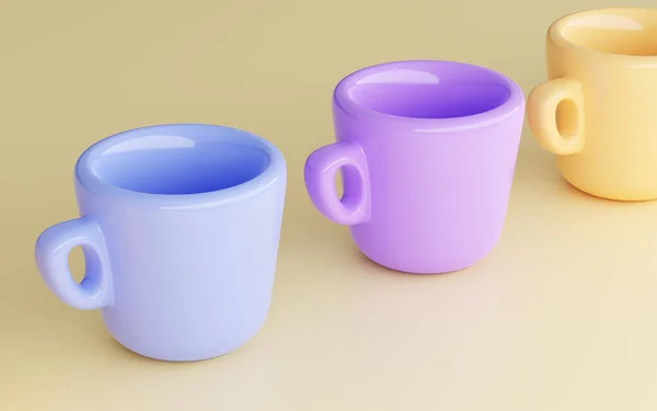 Set blanco moderno para tazas de café o té sobre fondo amarillo aislado. Colección de tazas de cerámica de colores, platos de porcelana limpia, realista 3d ilustración moderna vajilla linda para el agua y la bebida — Foto de Stock