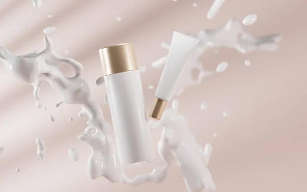 Produits cosmétiques de luxe pour soins de la peau, illustration 3D. Bouteille de lotion corporelle, tube de crème pour les mains ou sérum. Modèle d'emballage blanc avec bouchons dorés sur fond beige doux avec éclaboussures laiteuses — Photo