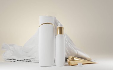 Süt kozmetik serisi hafif arka planda kumaşlı. Boş cilt bakımı ürünü beyaz şişe, şampuan, krem şantili el kremi ya da diş macunu altın rengi açık tüp, 3D reklam afişi.