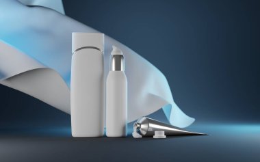 Cilt bakımı için gece serisi kozmetik ürünleri. Beyaz şampuan, pompa paketi koyu mavi arka planda, kumaşlı. Açık kapaklı metal tüp, kremalı kap veya diş macunu 3d illüstrasyonlu