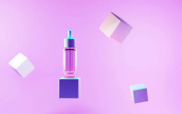 Neon ışıklarıyla podyumda duran kozmetik cam şişesi. Pipette kolajen serumu ya da geometrik kare sahnede esans yağı içeren flakon modeli, pembe arka planda ürün reklamı sunumu 3d illüstrasyon