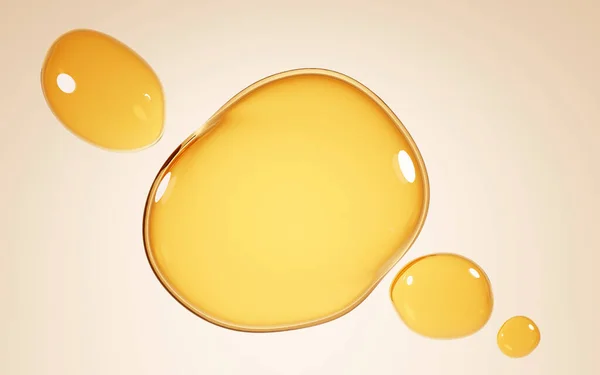 Noda emas minyak, tetesan serum atau madu di latar belakang krem. Bubbles collagen esensi, mockup cairan tetes kuning kosmetik atau minyak pangan, ilustrasi 3d top view on clear yellow puddles of water — Stok Foto