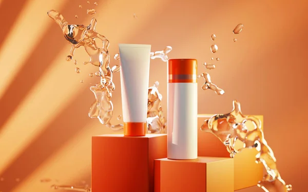 Bouteilles de crème solaire sur le podium dans l'eau d'éclaboussure, protection UV. Lotion pour la peau, crème cosmétique de beauté, tube de maquillage blanc sur fond orange Illustration 3D, présentation de la publicité produit sur scène au soleil — Photo