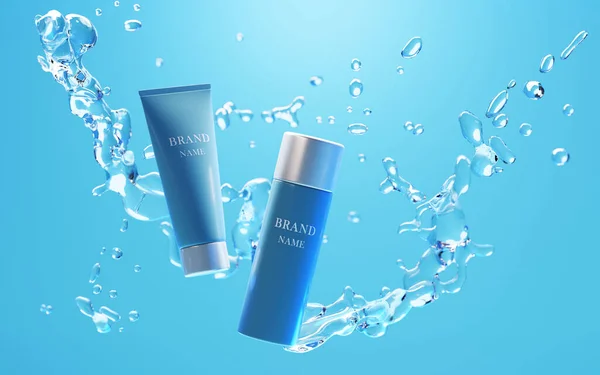 Cosmetic products in water splash. Realistic 3d illustration of packaging mockup design. Natural moisturizing cosmetics, cleansing toner, skincare gel in blue bottles and tube falling in water surface