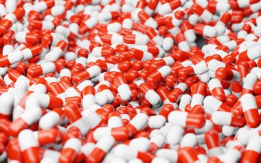 Kırmızı beyaz kapsüller, arka planda ilaç yığını, ilaç ve vitaminler, sağlık ürünleri, eczane ve ilaç, antibiyotikler ve ağrı kesiciler, gıda takviyesi, 3D illüstrasyon