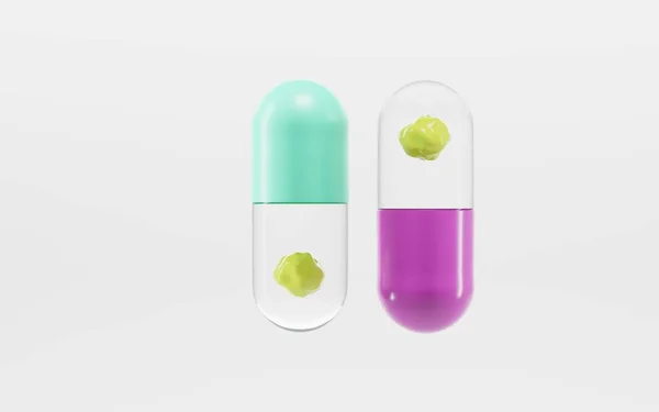 Cápsulas transparentes de color con gel sobre fondo blanco, vacuna covid-19, vitaminas o analgésicos. Pastillas medicinales o suplemento de salud. Tratamientos farmacéuticos. Ilustración realista 3d droga — Foto de Stock