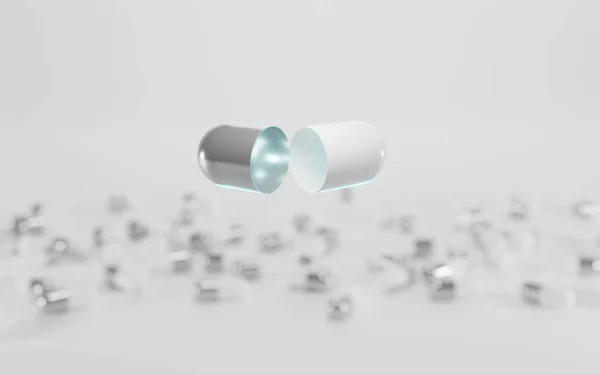 閉じた粉体錠剤の背景に空の白と銀のカプセルを開きます.医療、医薬品医療、 covid-19ワクチン、栄養補助食品、化粧品ビタミン、 3Dイラスト — ストック写真