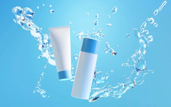 Mavi arka planda su sıçratan kozmetik ürünleri. Deri temizleyici toner ya da beyaz şişelerde losyon ve su yüzeyine düşen tüp. Gerçekçi 3d illüstrasyon boş ambalaj pankartı