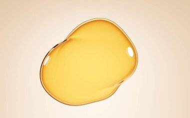 Yağ lekesi, su birikintisi serumu ya da bej arka planda izole edilmiş bal. Mockup likit kozmetik ya da gıda yağı, altın serumu, kolajen özü, 3D illüstrasyon, temiz sarı suyun üst görünümü, laboratuvar araştırmaları