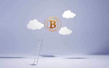 Bitcoin madencilik başarı merdiveni, kripto para yatırımı konsepti, altın madeni para sembolü, finansal özgürlük için gökyüzüne tırmanmak. Bulutlu mor arkaplan üzerinde çizgi film tasarımı, 3d illüstrasyon