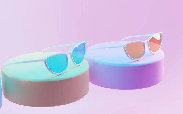 Podyumda güneş gözlüğü, beyaz çerçeveli moda gözlükleri neon ışıklı renkli lensler. Galeri platformunda gözlüklü sunum, pembe arka plan. Sahnede yeni gözlük reklamı, 3D illüstrasyon — Stok fotoğraf