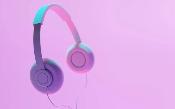 Portatif müzik, spor ya da stüdyo bilgisayarları ya da akıllı telefonlar için büyük telli kulaklıklar. Pembe arka planda neon ışıklı, akustik sesli moda beyaz kulaklıklar, 3 boyutlu illüstrasyon