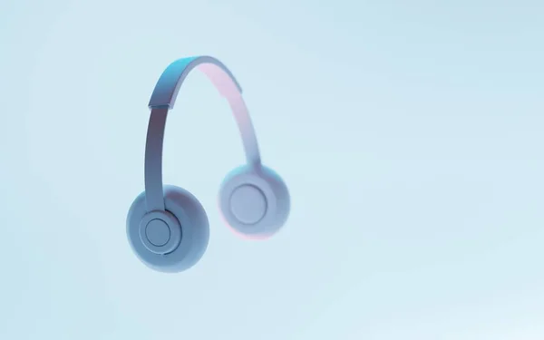 Fones de ouvido originais sem fio com som estéreo em luz de néon, fones de ouvido dj modernos em fundo azul para festa, dispositivo de tecnologia para ouvir música electro techno, acessório de juventude, ilustração 3D — Fotografia de Stock