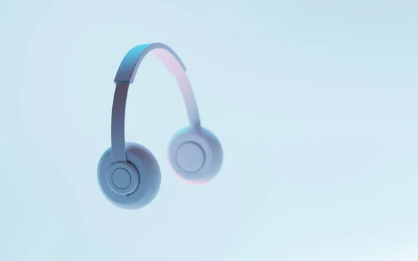 Auriculares originales inalámbricos con sonido estéreo en luz de neón, auriculares modernos de dj sobre fondo azul para fiesta, dispositivo tecnológico para escuchar música tecno electro, accesorio juvenil, ilustración 3d —  Fotos de Stock