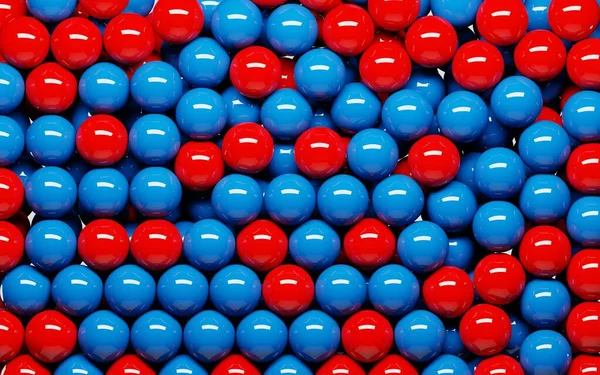 Achtergrond van rode en blauwe ballen glanzende bollen, ronde snoep dragee of zoete kauwgom, vitaminen. Kinderen droog zwembad voor leuke spelletjes, 3D-illustratie. Abstract behang, modern design voor banner, omslag — Stockfoto