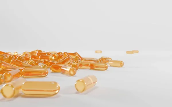 Zlaté průhledné tobolky vitaminu A, E, Omega 3 nebo kolagenové esence, sérum. Léková pilulka s rybím tukem, organický kosmetický olej. Hromada žlutých oranžových tablet na bílém pozadí, 3D ilustrace — Stock fotografie