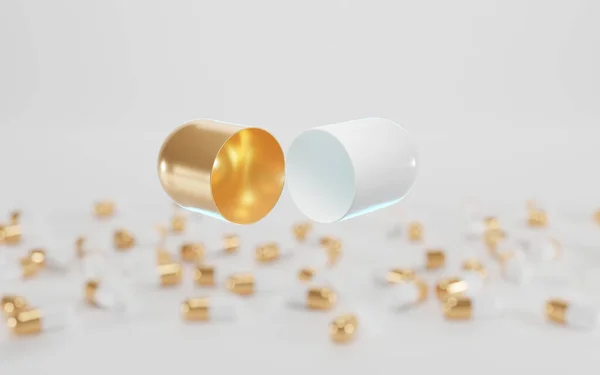 Kapalı parlak hapların arka planında beyaz, altın kapsülü aç. Tıbbi haplar, ilaç, vitaminler, omega 3, aşı, kozmetik yağ, kolajen özü ya da hyaluronik asit 3d resimleme