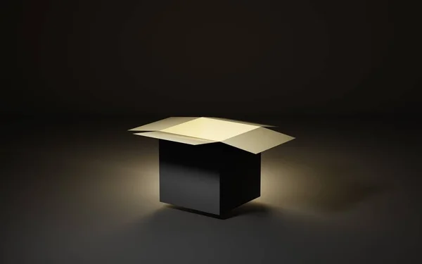 Caja de regalo abierta con brillo de oro sobre fondo oscuro, cumpleaños secreto o regalo de Navidad, venta de viernes negro, dibujo de premio, idea sorpresa, contenedor mágico vacío negro, maqueta de embalaje de ilustración 3d — Foto de Stock