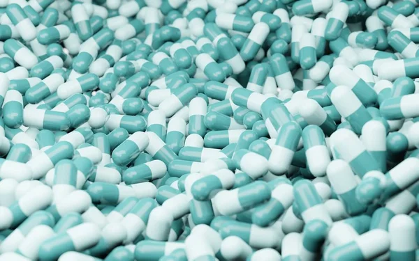 Mint piller, kapslar mönster bakgrund. Läkemedelsindustri, lugg medicin och vitaminer, sjukvårdsprodukter, apotek och läkemedel, kosttillskott, antibiotika och smärtstillande medel, 3D-illustration — Stockfoto