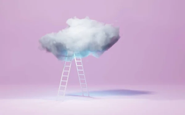 Gökyüzüne çıkan merdivenler, pembe arka planda merdiven ve bulut olan minimalist çizgi film tasarımı. Başarı kavramı, kariyer gelişimi, iş geliştirme, yaratıcı fikir, ilk adımlar, 3d illüstrasyon