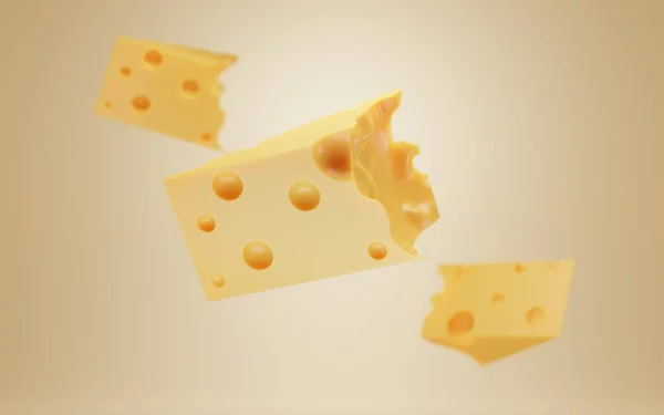 Trozo de queso duro triangular con agujeros. Swiss Emmental, holandés Edam o Gouda sobre fondo amarillo aislado. Ilustración realista 3d para los productos lácteos del anuncio y del diseño, día nacional del queso —  Fotos de Stock