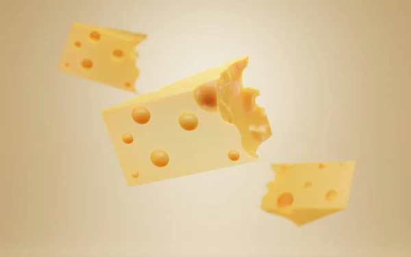 Trozo de queso duro triangular con agujeros. Swiss Emmental, holandés Edam o Gouda sobre fondo amarillo aislado. Ilustración realista 3d para los productos lácteos del anuncio y del diseño, día nacional del queso — Foto de Stock