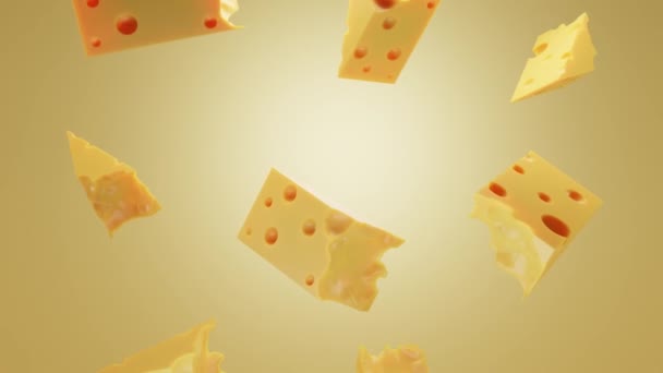 Falling pieces of Swiss, Dutch or Italian hard cheese. Triangular lump block of cheese Cheddar with holes. Advertising and promotion of natural farm dairy product, 3d animation seamless background — Stock Video