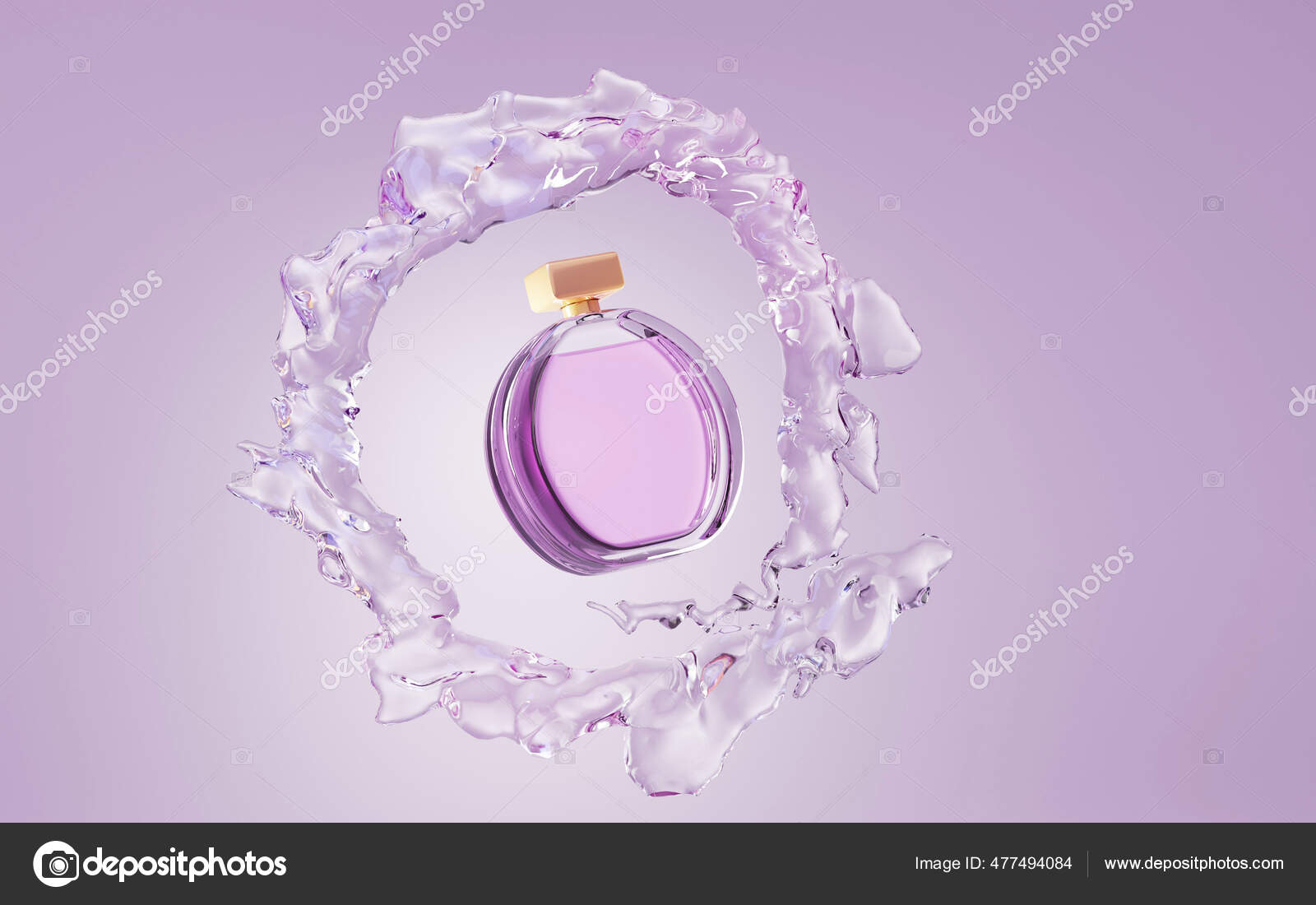 Perfume bottle with stream of splashing water in shape ring mock