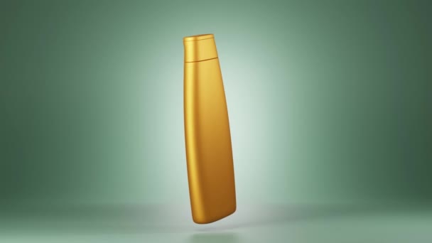 Gold cosmetics bottle on isolated green background 3d animation. Hair care shampoo or shower gel, empty packaging for sunscreen, suntan lotion or oil. Beauty cosmetic product tube, ad promo mock up — Stock Video