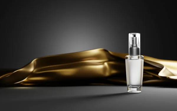 Cosmetic glass transparent spray bottle on dark background with gold silk cloth. Skin care beauty product night serum, tonic or luxury perfume. Mock up ad promo banner poster Realistic 3d illustration