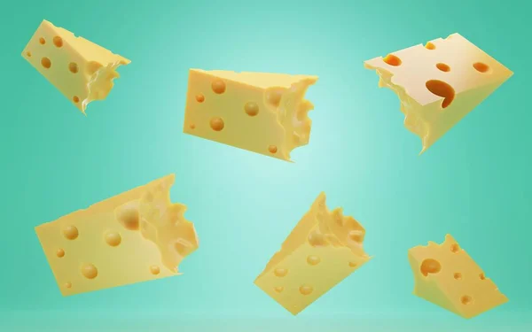 Pieces of Swiss, Italian or Dutch hard cheese. Triangular lump block of cheese Cheddar with holes. Ad and promotion of natural farm dairy product, pattern background, cartoon icons 3d illustration — Stock Photo, Image