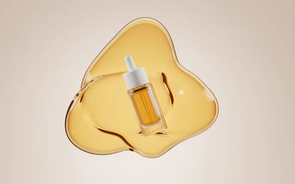 Glass bottle with dropper and gold liquid on background oil stain or yellow puddles serum mock up banner. Skin care product ad, luxury beauty cosmetics with vitamin E, collagen essence 3d illustration