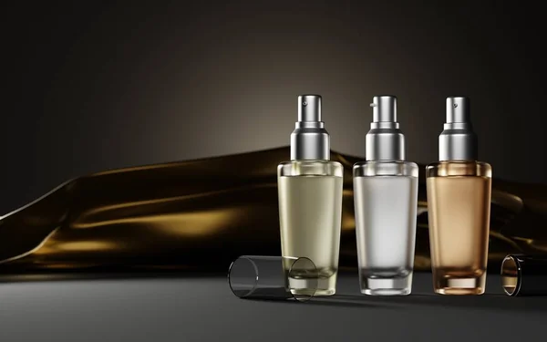 Altın kumaşlı koyu arkaplanlı cam şişeleri kozmetik olarak ayarla. Gece serumu, tonik ya da parfüm. Cilt bakım ürünleri sıvı ile şeffaf sprey. Mockup reklam afişi gerçekçi 3D illüstrasyon
