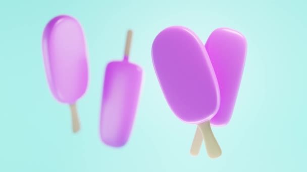 Pink ice cream on wooden stick isolated on blue background. Set creamy popsicle covered in fruity frosting in raspberry or strawberry flavors, summer yummy dessert frozen. Realistic 3d animation — Stock Video